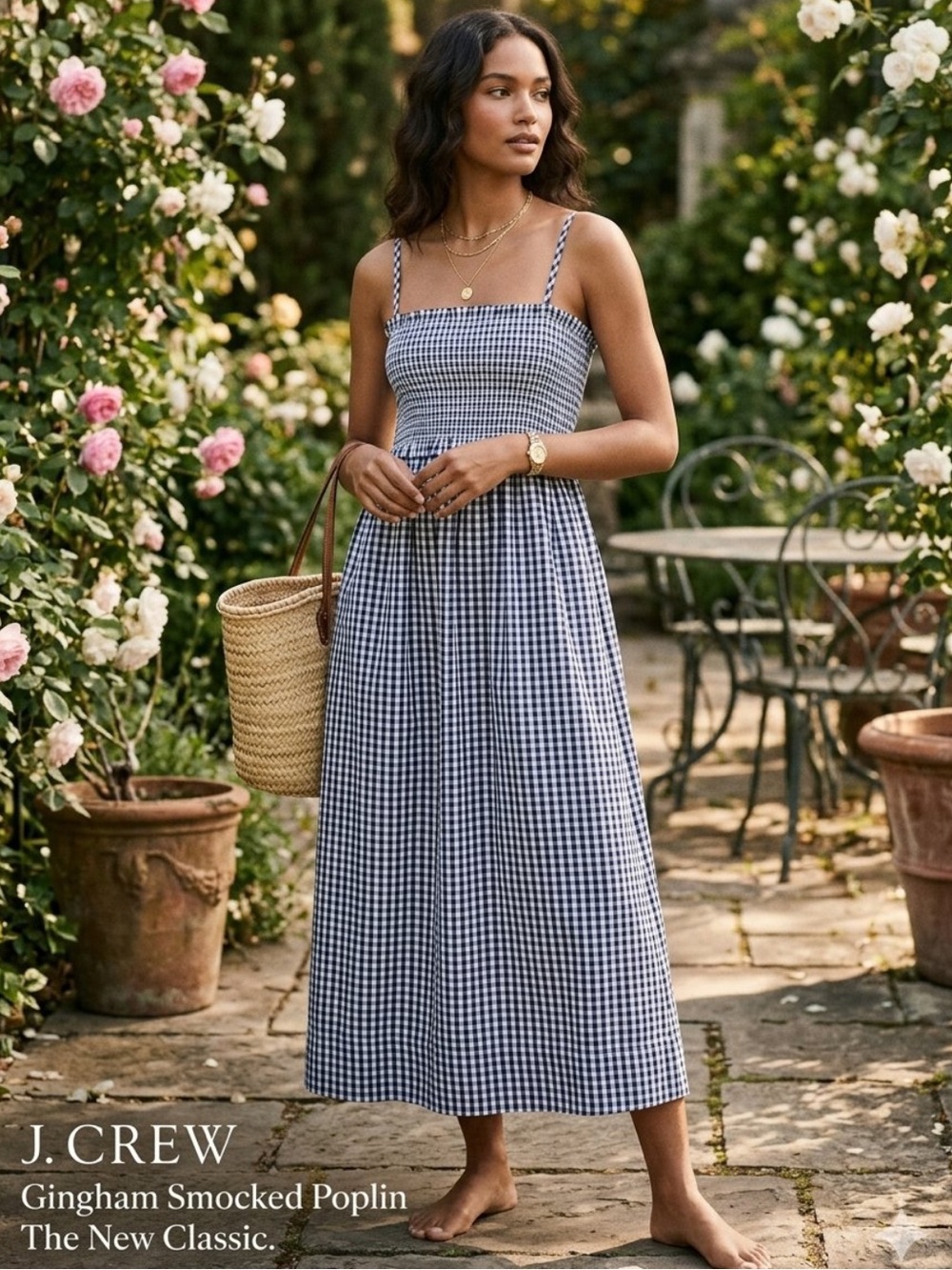 J. Crew Smocked Cotton Poplin Midi Dress in Gingham Medium